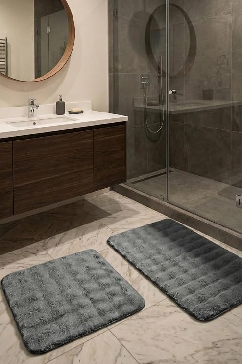 2’li Peluş Bubble Banyo Paspas Seti 60x100+50x60 cm Kaymaz Lateks Taban, Yumuşak Yüzey, Yıkanabilir