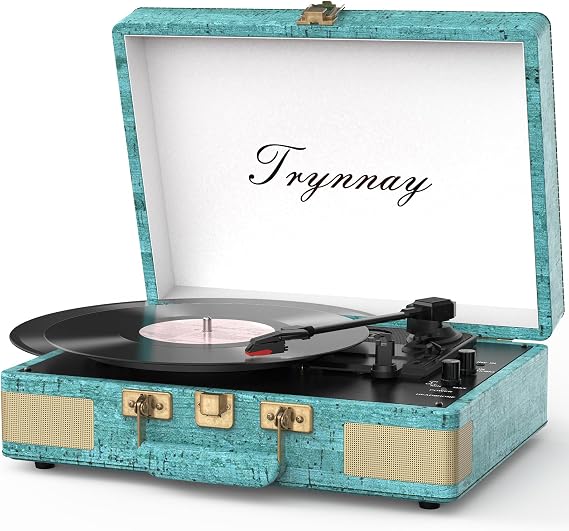 Trynnay Record Player 3 Speed Bluetooth Portable Suitcase Vinyl Player with Built-in Speakers Turntable Enhanced Audio Sound Sky Blue