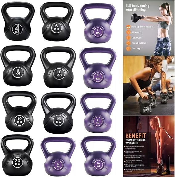 Vinyl Kettle bell Weight Set Exercise Home Gym Fitness Workout 4-20kg |Vinyl & Cast Iron Kettle bells Correct Shape And Size | Home And Gym Fitness Workout