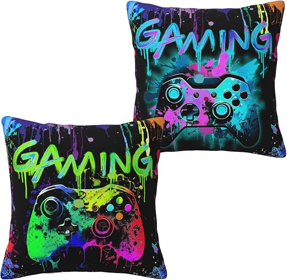 Gamer Gifts for Boys, 2PCS Gaming Pillow Covers For Player,45x45cm Watercolour Graffiti Gaming Cushion Covers Gamer Decorative Accessories for Room,Throw Pillow Cases For Couch Sofa Office Bedroom (A)