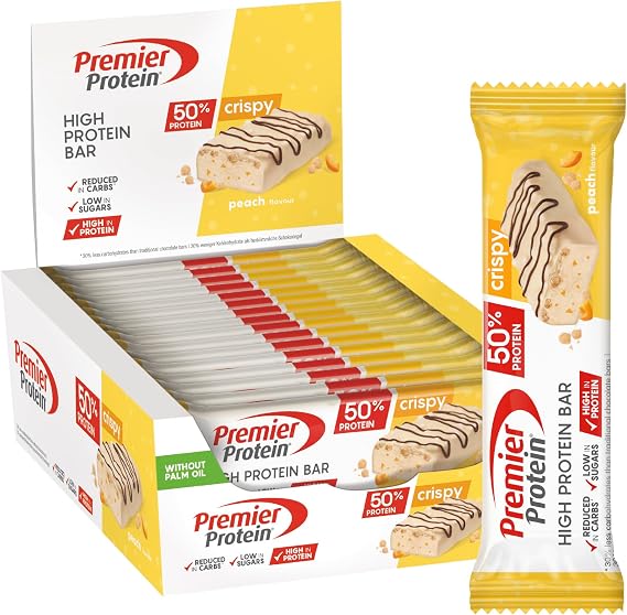 Premier Protein - High Protein Bar 50 percent+Crispy - Peach - 16x40g - Low Sugar - Low Carb - Palm Oil Free