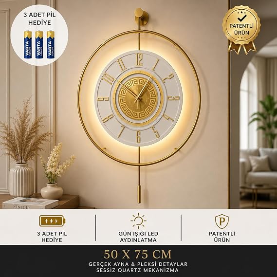 MetaQuartz Aksesuar Led’li Gold 7-24 Kristal - Büyük Boy (50X75CM)-(3 ADET PİL HEDİYE) Dekoratif MetalDuvar Saati 40 lık gold 75 x 50