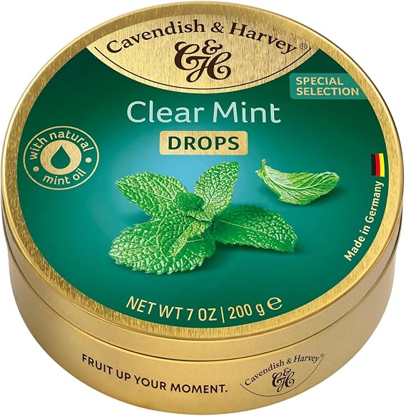Cavendish & Harvey Clear Mint Drops, Doğal Ökaliptüs Yağlı Nane Aromalı Sert Şeker, Metal Kutu, 200 g