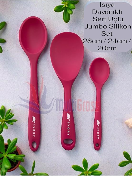Sert Uçlu Isıya Dayanıklı Silikon Kaşık Seti, 28 cm, 24 cm, 20 cm, Fuşya