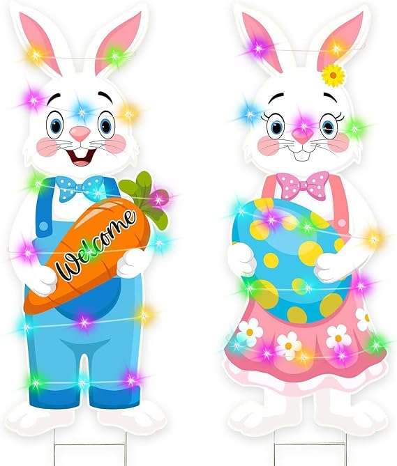 Easter Decorations Outdoor Easter Yard Signs with Lights, Set of 2 Easter Bunny Stakes Easter Rabbit Garden Signs for Front Door Spring Lawn Holiday Decorations