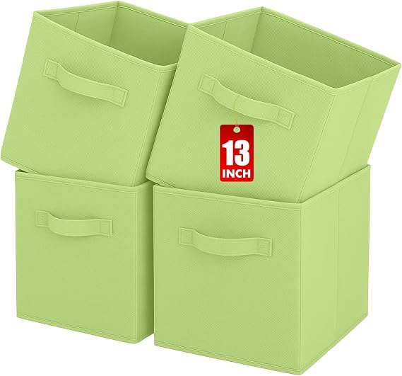 Storage Box, Collapsible Fabric Storage Cube with Handles for Home, Kids Room, Closet and Toy Organization,Pack of 4, 33 x 33 x 33 cm, Green