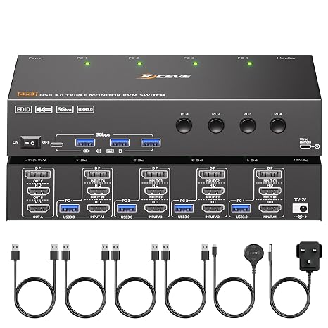 KVM Switch 3 Monitors 4 Computers 4K@60Hz,EDID Simulation,USB 3.0 HDMI Displayport KVM Switch Triple Monitor for 4 PC Share 3 Monitors and Keyboard Mouse Printer,with Wired Remote and 4 USB Cables