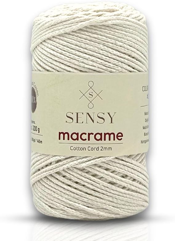 Sensy Premium 2 mm - 160 Metre%100 Geri Dönüştürülmüş Pamuk Makrome Kordon Tığ Çantası Kordon Makrome Halat Tığ İpliği (Doğal Beyaz)