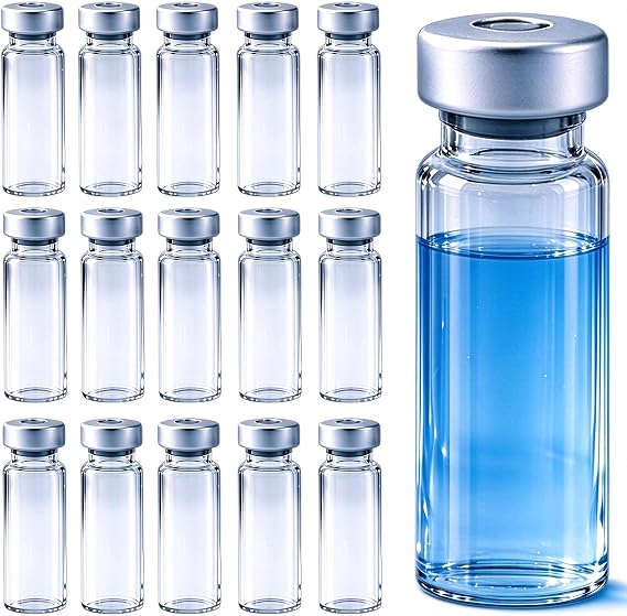 15Pcs 10ml Sample Vials, With Silver pull-up cover, Clear Bottom Headspace Vial, Grey Butyl Stoppers Sample Bottles for Urine Test, Syringe Injections, Lab Storage