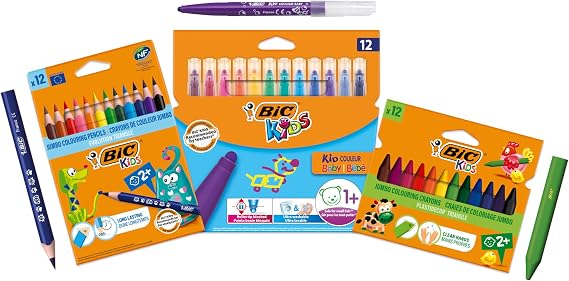 BIC Kids Colouring Set Ideal for Children Under 5 Years Includes 12 Evolution ECOlutions Triangle Pencils, 12 Plastidecor Triangle Crayons and 12 Washable Markers. Set of 36