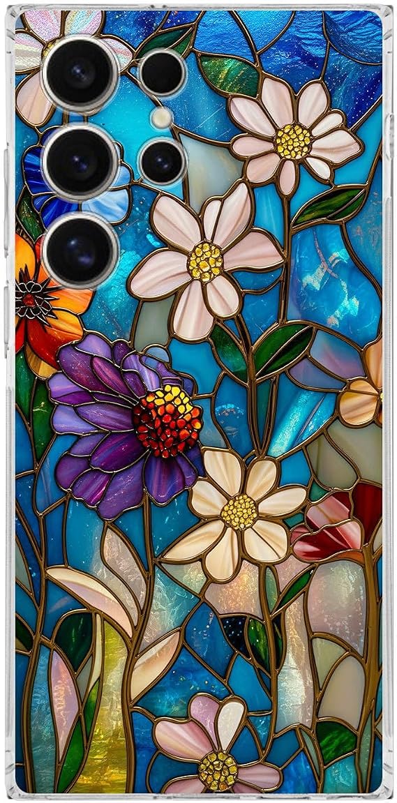 PrintiFy Samsung Galaxy S25 Ultra ile Uyumlu Vitray Mavi Bahar Tasarımlı Şeffaf Silikon Kılıf