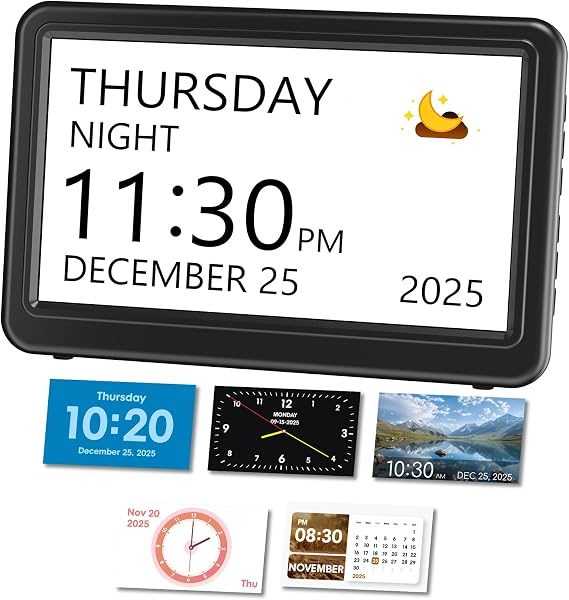 Mesqool Calendar Clock with Days Dates and Time, Digital Dementia Clock with 20 Alarms & Custom Reminders, 7'' Large Number Display, Auto Dimmer and Photo Frame for Elderly