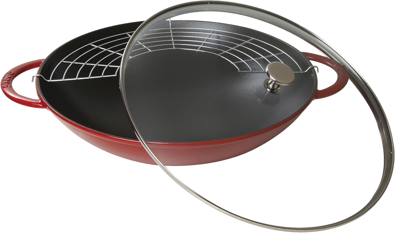 STAUB 40509-898-0 Cast Iron Wok, Including Glass Lid and Removable Grid Insert, Suitable for Induction, Ø 37 cm, 5.7 L, Cherry Red