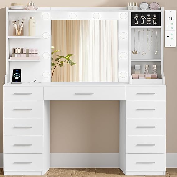 Hzuaneri Dressing Table with Lights, Power Outlet, Vanity Desk with Mirror