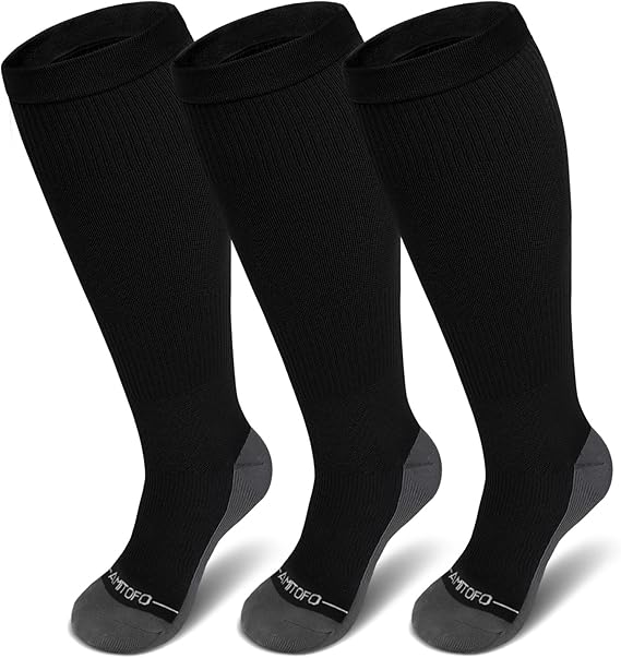 PUTUO Large Calf Flight Socks: Plus Size Compression Sock for Men Women - Extra Wide Calf Graduated Compression Stockings for Support Travel Pregnancy Edema Nurses Seniors 20-30 mmhg 3 Pairs