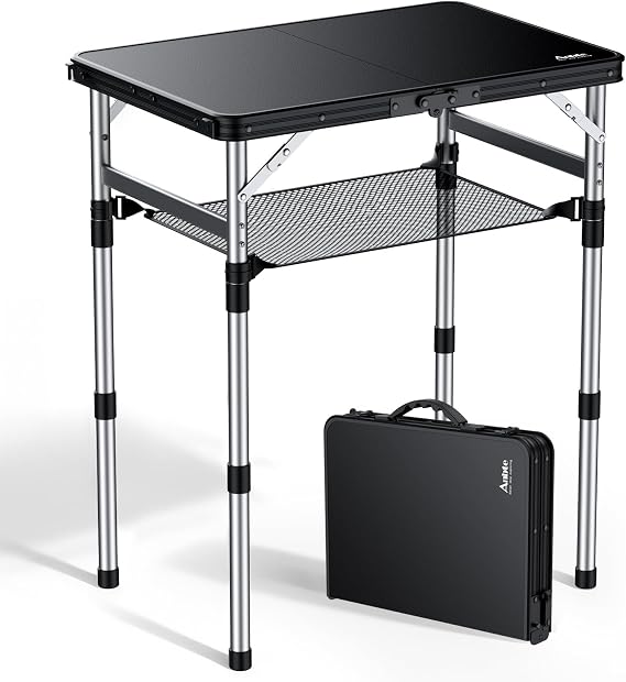 Anbte 2ft Small Folding Camping Table, Waterproof Plastic Tabletop, 58x40cm