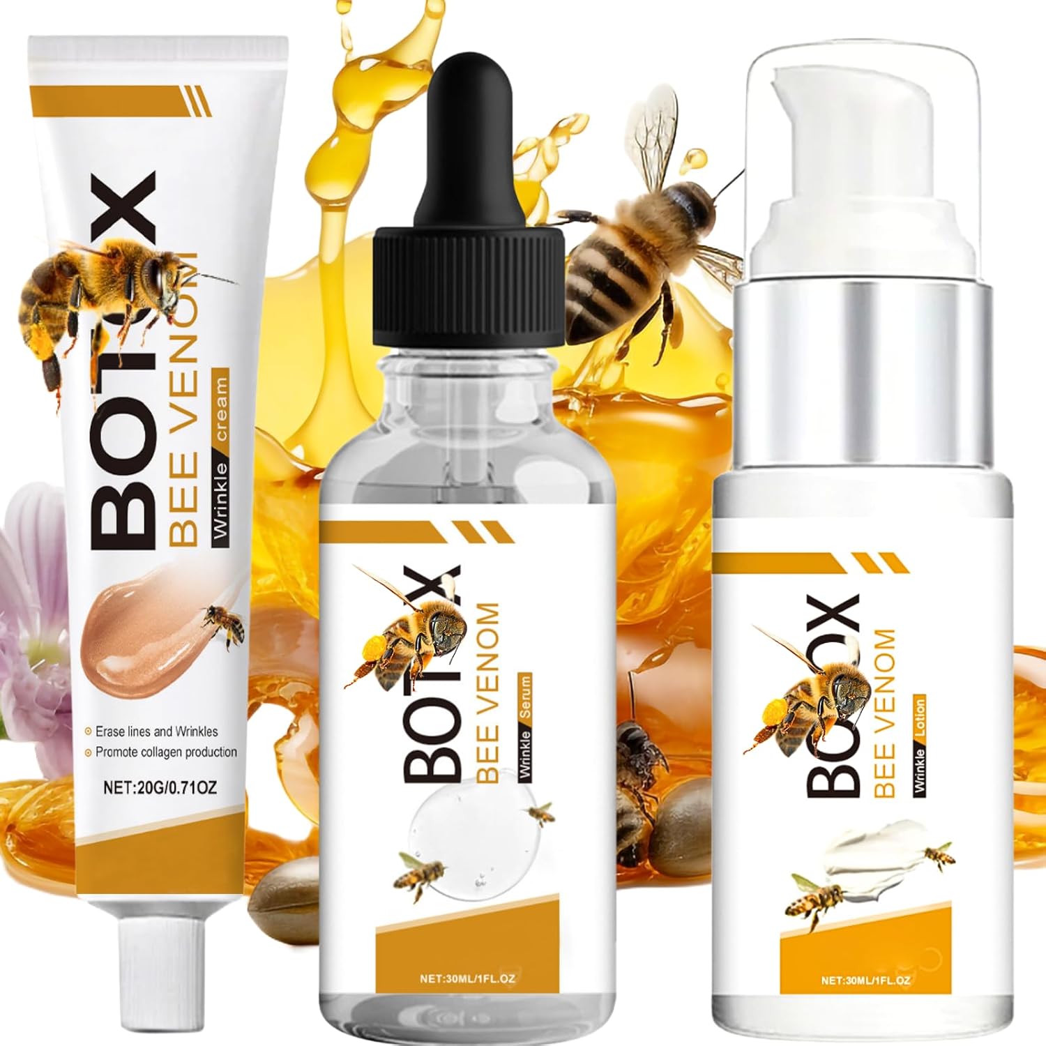 Bo-tox Bee Venom Wrinkle Removal Cream Set, With Bo-tox Bee Venom Firming Serum & Bee Venom Wrinkle Removal Cream & Advanced Multi-Action Firming Lotion,Restore Elasticity,Lift,Plump Reduce Fine Line