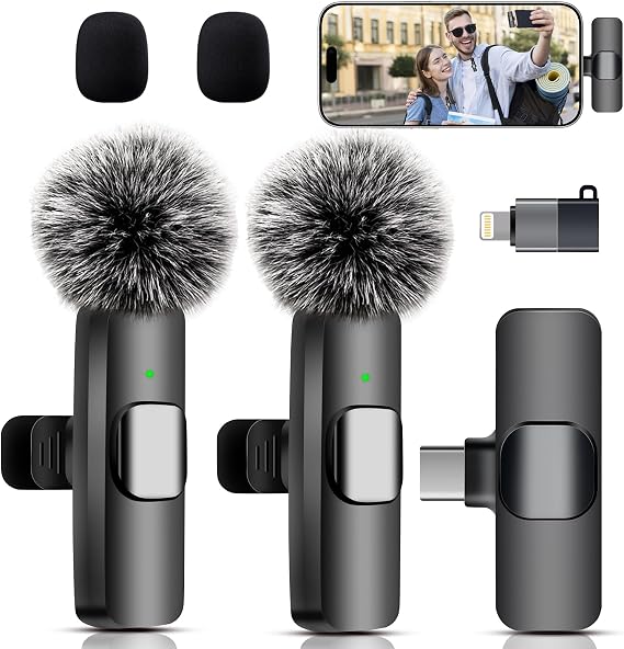 Wireless Lavalier Microphone for iPhone, iPad & Android PhoneMini microphone with AI Noise Reduction for Video Recording Vlogging TikTok YouTube,Plug & Play Clip-on,for Content Creators
