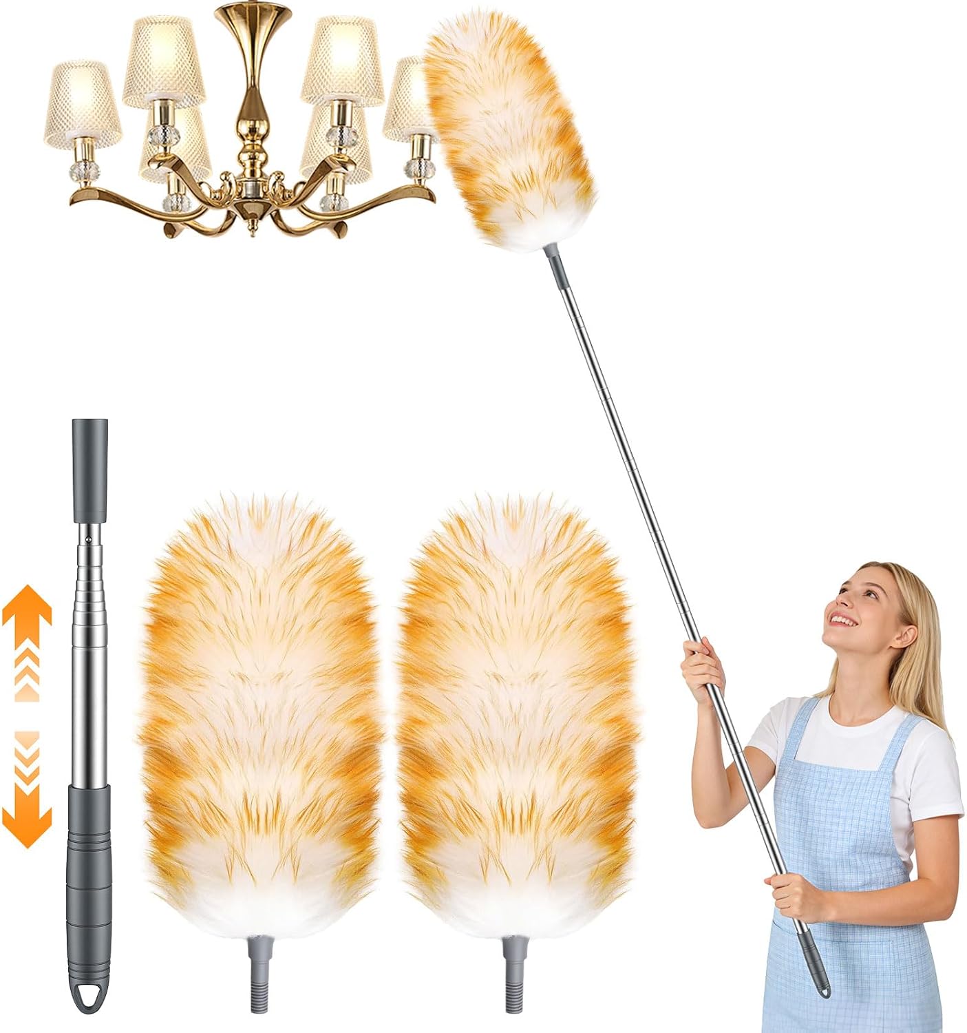 Lambswool Telescopic Duster with 2 Interchangeable Covers, Long Extendable up to 135 cm, Feather Duster for Ceiling Fans, Lamps and High Furniture