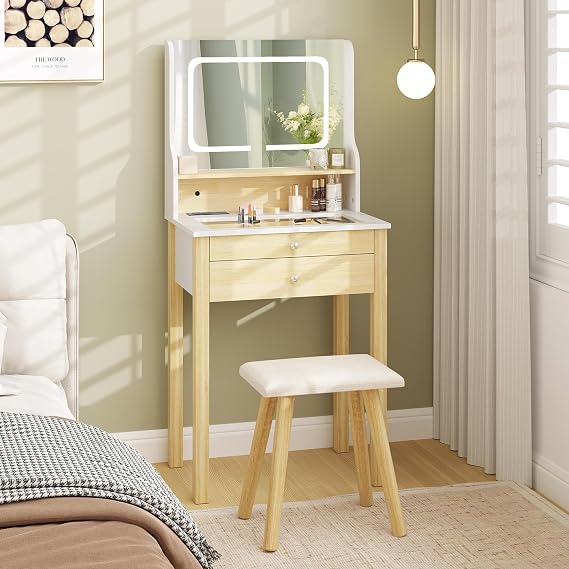 COSTWAY Small Dressing Table with LED Mirror and Stool, 60cm Compact Makeup Table Vanity Desk with Power Outlets, 3 Lighting Colors, Tempered Glass Top, Storage Shelf & 2 Drawers for Bedroom