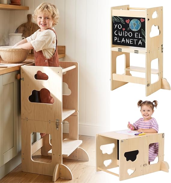 Montessori Premium Folding Learning Tower, 3-in-1 Folding Learning Tower: Convertible to Desk with Slate – Brand Committed to Reforestation, Since 1 Year