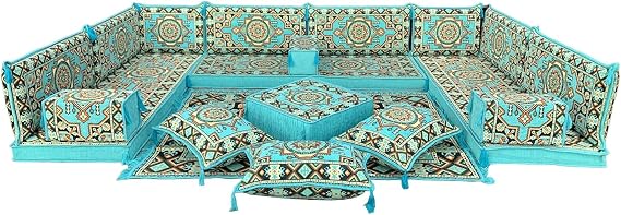 Modular U-shaped Arabic Style Majlis Sofa Set With Matching Rug And Pouffe Turquoise Bohemian Floor Cushions - Sofa - Rug - Pouffe - Pillow