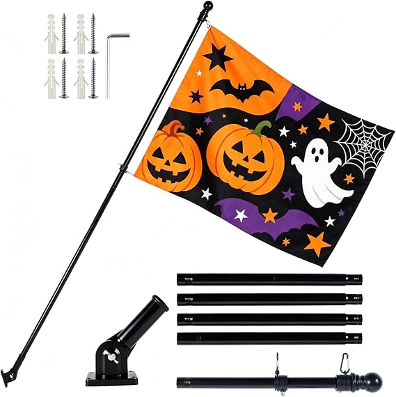 6FT Flag Pole Kit with Mounting Bracket, Wall Mounted Stainless Steel Flagpole, Heavy Duty Black Metal Flag and Pole Set for House Garden Yard Outdoor Fence (No Flag)
