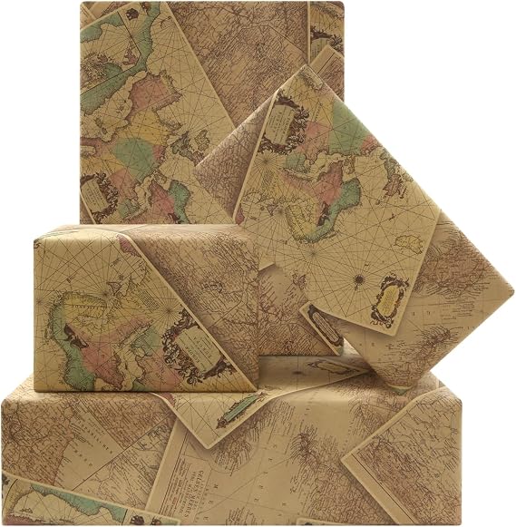 Vintage Wrold Map Wrapping Paper, 4 Sheets Unique Antique Vintage Ancient Retro World Map Kraft Wrapping Paper 50x70cm, Kraft Traveller Gift Wrap Folded Flat for Birthday or Wedding