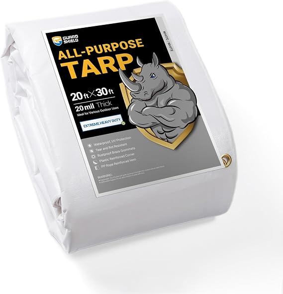 GUARD SHIELD Extreme Heavy Duty White Poly Tarp 20x30 Feet Cover Waterproof Tarps 20mil Thick UV and Tear Resistant Tarpaulin