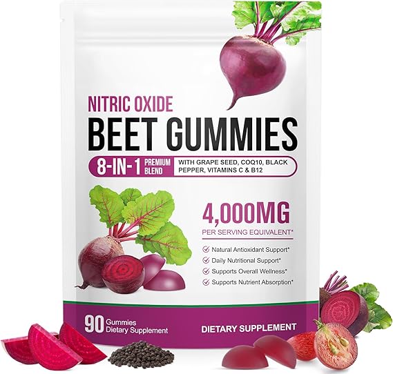Beet Root Gummies, 90 Count Beetroot Gummies for Heart Health Support, Sugar Free, Extract Supplement with Vitamin C, B12, for Blood Pressure, Nitric Oxide Booster, Heart Health