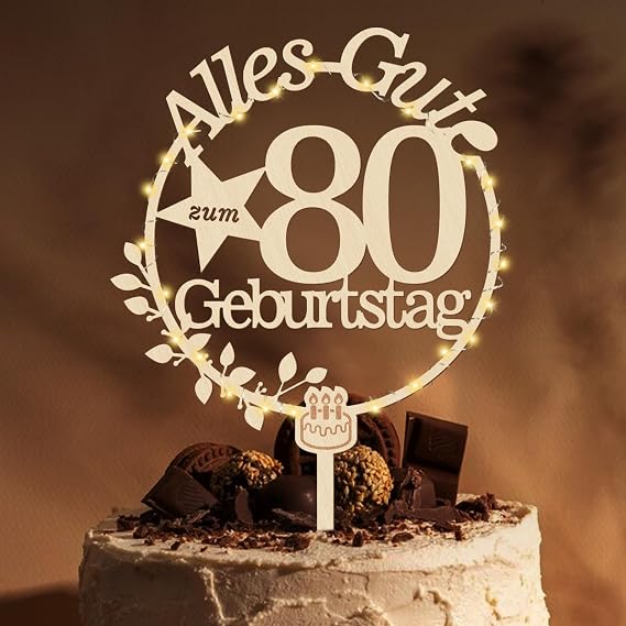 Giftota Cake Topper 80th Birthday Wooden with LED Fairy Lights - 80th Birthday Decoration - Cake Decoration 80th Birthday - Cake Decoration for 80th Birthday Women Men