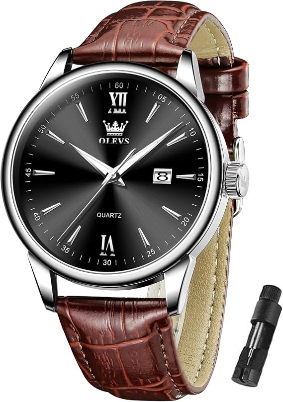 OLEVS Men's Waterproof Watch Leather Strap Quartz Classic Wristwatch Simple Dial with Date Luminous Watches for Men