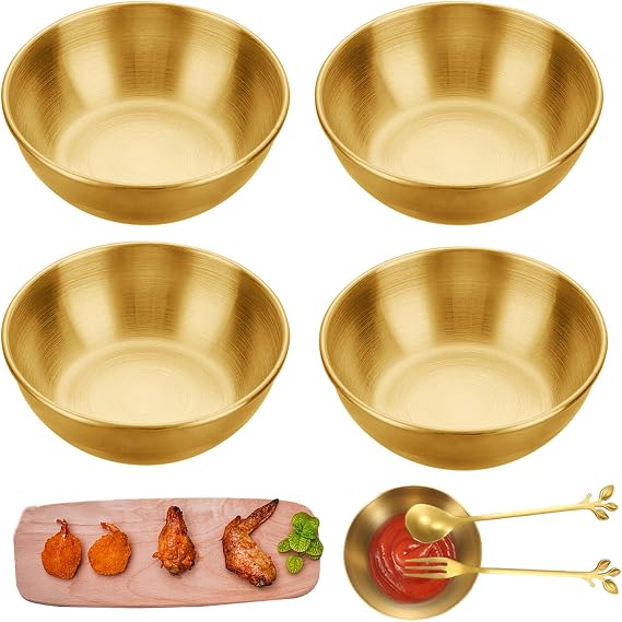 GIONAR 4 Pcs Dipping Bowls Set, Sauce Dish aus Stainless Steel, Gold Soy Sauce Dish with Small Forks und Spoon, Small Serving Bowls for Kitchen Home Restaurant