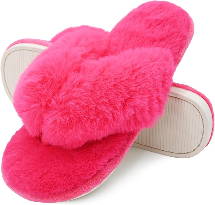Onmygogo Fluffy Indoor Thong Slippers for Women Open Toe, Soft Faux Fur Nonslip House Slippers