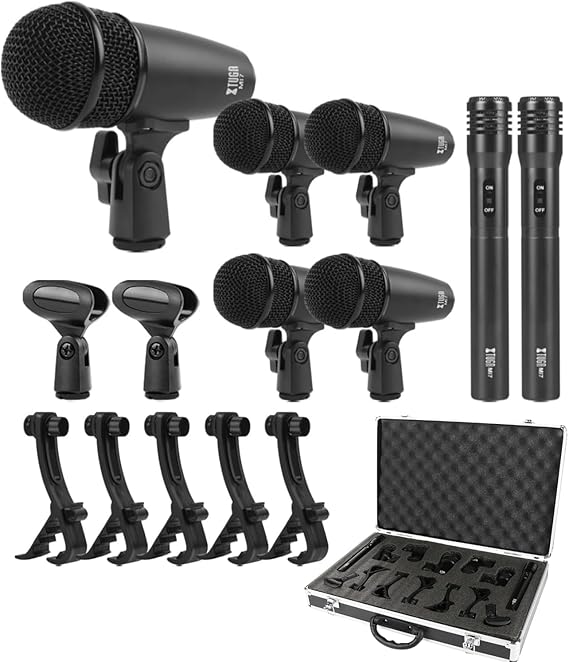 XTUGA New MI7 7-Piece Wired Dynamic Drum Mic Kit Whole Metal- Kick Bass Microphone Set Use for Drums Vocal Other Instrument Complete with Thread Clip Inserts Mics Holder