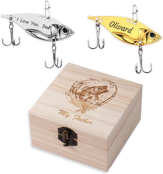 Personalised Laser Engraved Fishing Metal Lures with Customised Wooden Box Fishing Gifts for Men Dad Uncle Birthday 1st Year