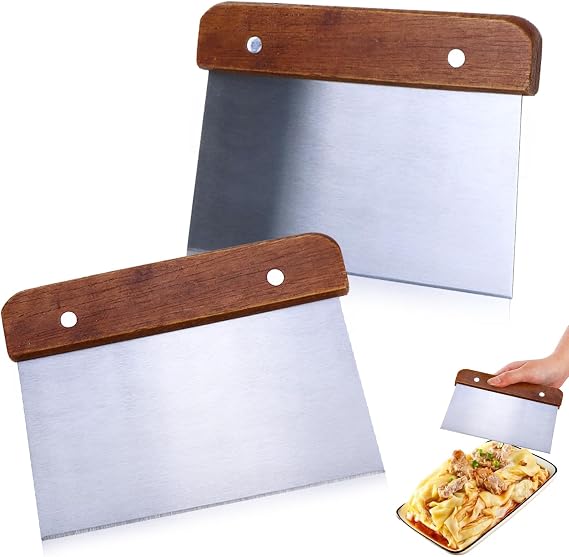 Bench Scraper for Baking, 2PCS Dough Scrapers Wooden Handle Dough Cutter Stainless Steel Multipurpose Kitchen Scraper for Bread Pastry Pizza