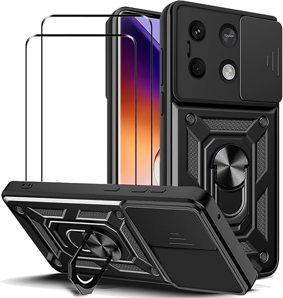 Infinix Note 40 Pro 5G用ケース 強化ガラススクリーンプロテクター付き 2パック、スライドカメラウィンドウ、キックスタンド、耐衝撃、傷防止二層電話カバー、ブラック
