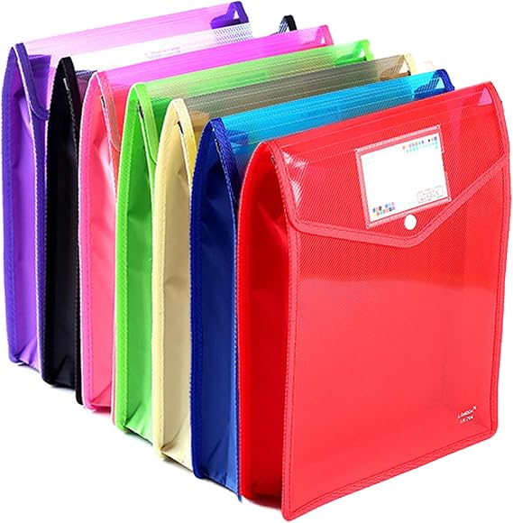 7 Pack A4 Plastic Wallets, Waterproof Popper Wallet Plastic Document Folder Premium Pockets Files Envelope for School Office Home, with Snap Closure, Large Capacity