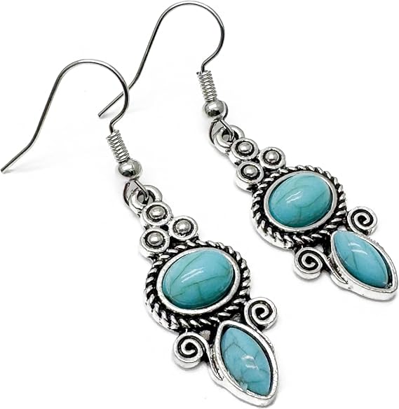 Turquoise Drop Earrings, Antique Silver Tone Charms with Blue Resin Stone on Nickel Free Hooks : 45mm long, Boho Charm Earrings, Retro Gift for Women