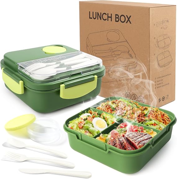 Single Layer Bento Box with 3 Compartments, 1400ml Lunch Box with Cutlery Set, Portable Dinner Snack Boxes Food Containers for School Work Men Women Students Microwave Dishwasher Safe (Green)