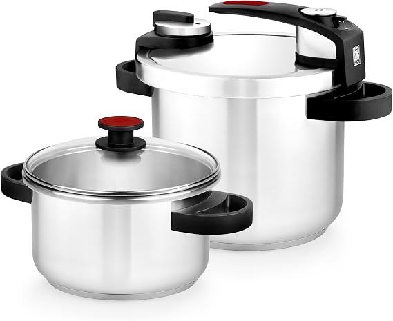 BRA Tekna Pressure Cooker Set with Easy Opening 4+7 Litres, Made of 18/10 Stainless Steel, with 2 Cooking Programs and Opening Lock System, Suitable for All Types of Kitchens