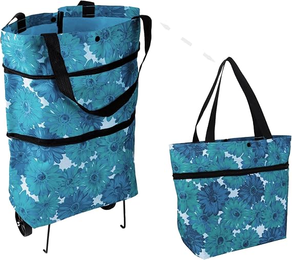 Oxford cloth shopping bag, supermarket trolley with two lightweight folding wheels, reusable, large capacity portable shoulder backpack, essential shopping bag for home (Indigo)