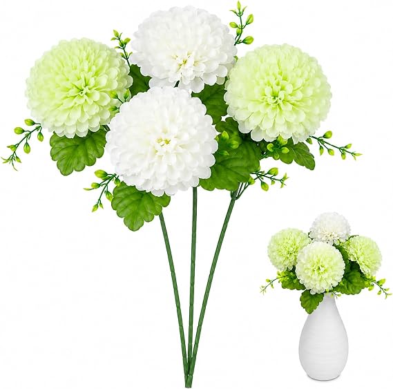 4Pcs Artificial Hydrangea, Silk Hydrangea Artificial Flowers, Realistic Artificial Flowers with Leaves & Stems, Green & White Fake Hydrangeas for Home Wedding Table Decor