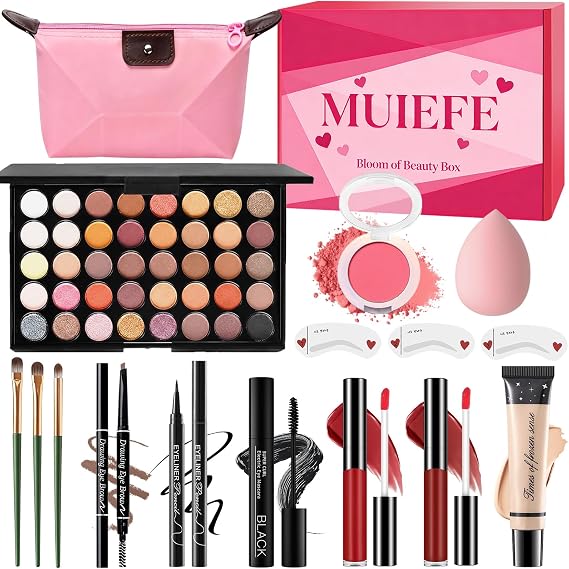 Makeup Set, Make Up Beginner Set for Teenage Girls, All in One Makeup Kit for Women Full Set, Make Up Gift Set Bundle Includes Foundation Eyeshadow Palette Eyebrow Pencil Eyeliner Mascara Lip Gloss