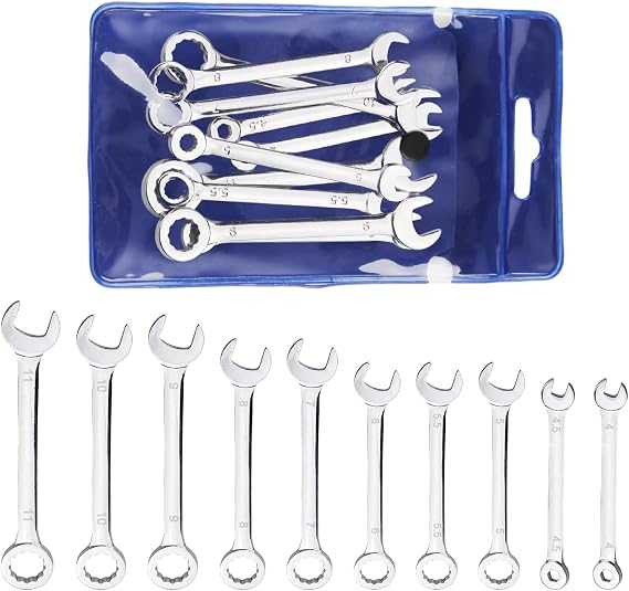 Spanner Set, 10Pcs Metric 4-11mm Combination Mini Ratchet Spanners Sets