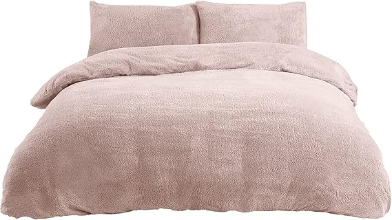 Sleepdown Teddy Fleece Duvet Cover Quilt Bedding Set with Pillow Cases Thermal Warm Cosy Super Soft - Blush Pink - Single