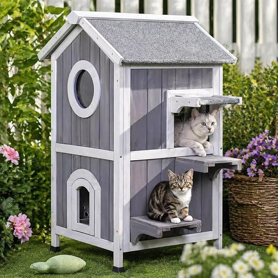 GEGURI Large Wooden Insulated Outdoor Cat House - Weatherproof Feral Cat Shelter with Escape Door for Winter Indoor