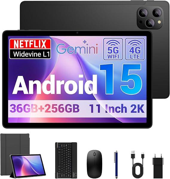 Tablet 11 Inch Android 15 Tablet Con 4G LTE / 5G WiFi 36GB RAM + 256GB ROM 8000mAh Octa-Core Face ID TÜV GMS GPS BT5 Tablet with Removable Keyboard Black