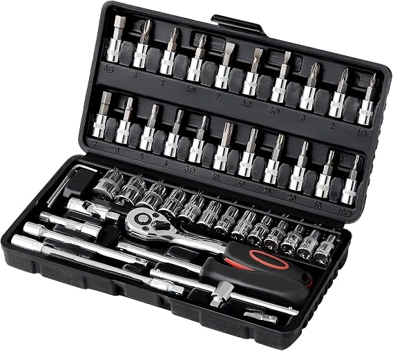 Socket Set 46pcs Cr-V, 72 Teeth 1/4 Inch Ratchet Spanner, Small Ratchet with Case Tools, Chrome and Polished Sockets, Ideal for Car Repair and Mechanical Work
